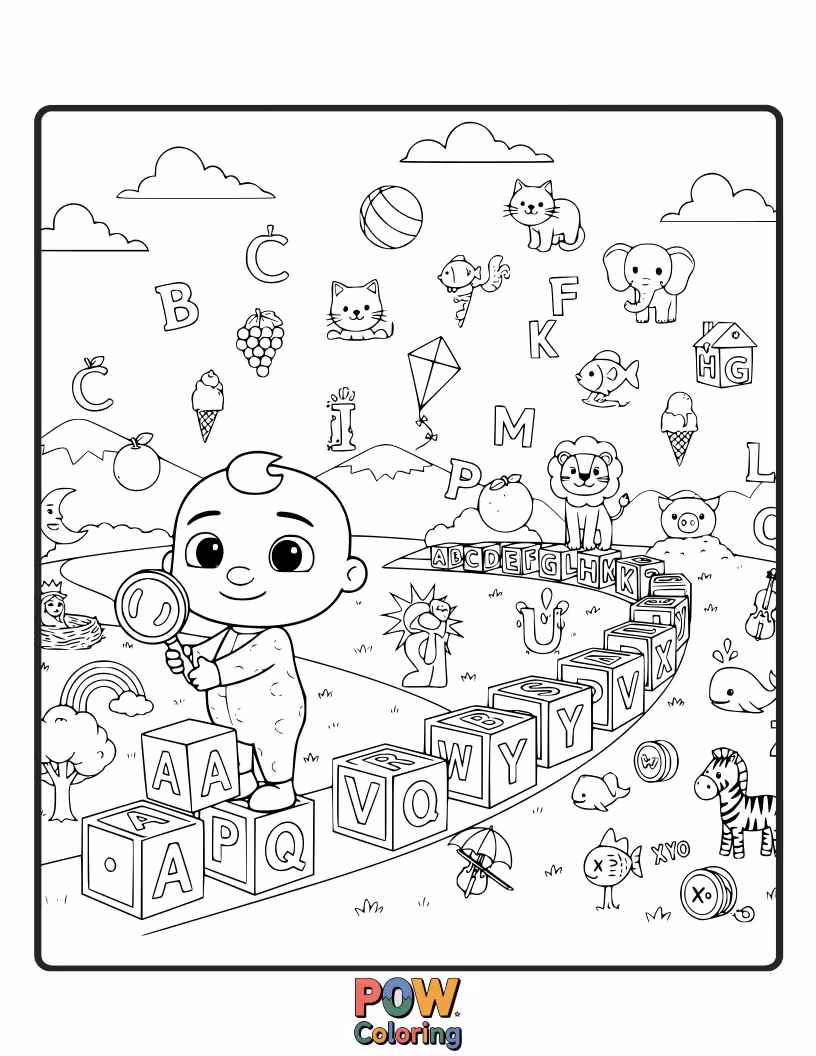 Free coloring page of Learn the ABCs with JJ! Color the letters of the alphabet as he discovers new words.