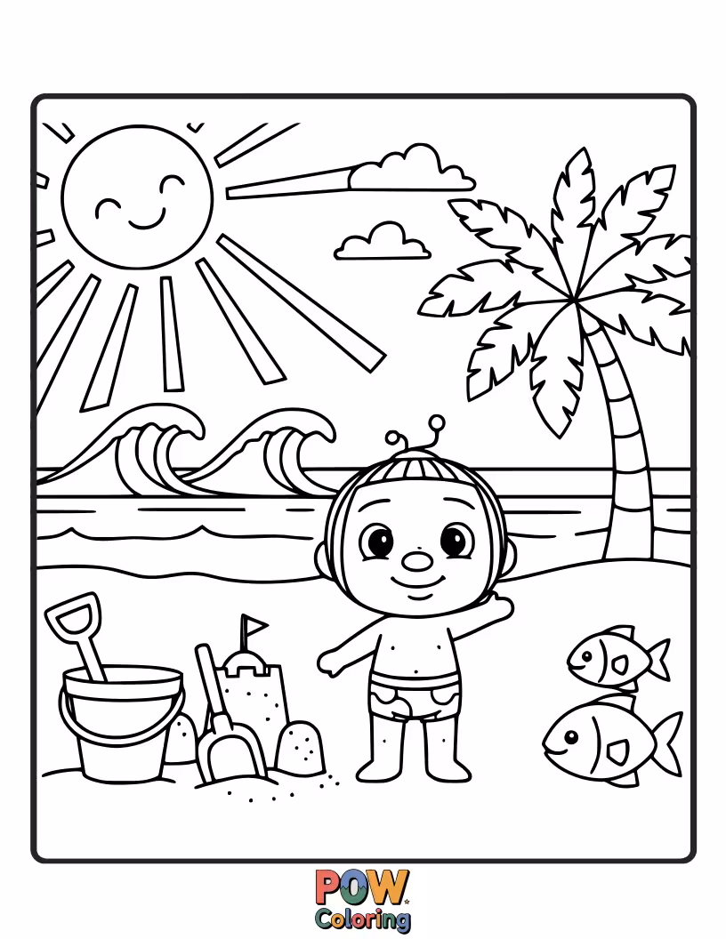 Free coloring page of JJ is having fun at the beach! Color the sand, ocean waves, and JJ building a sandcastle.