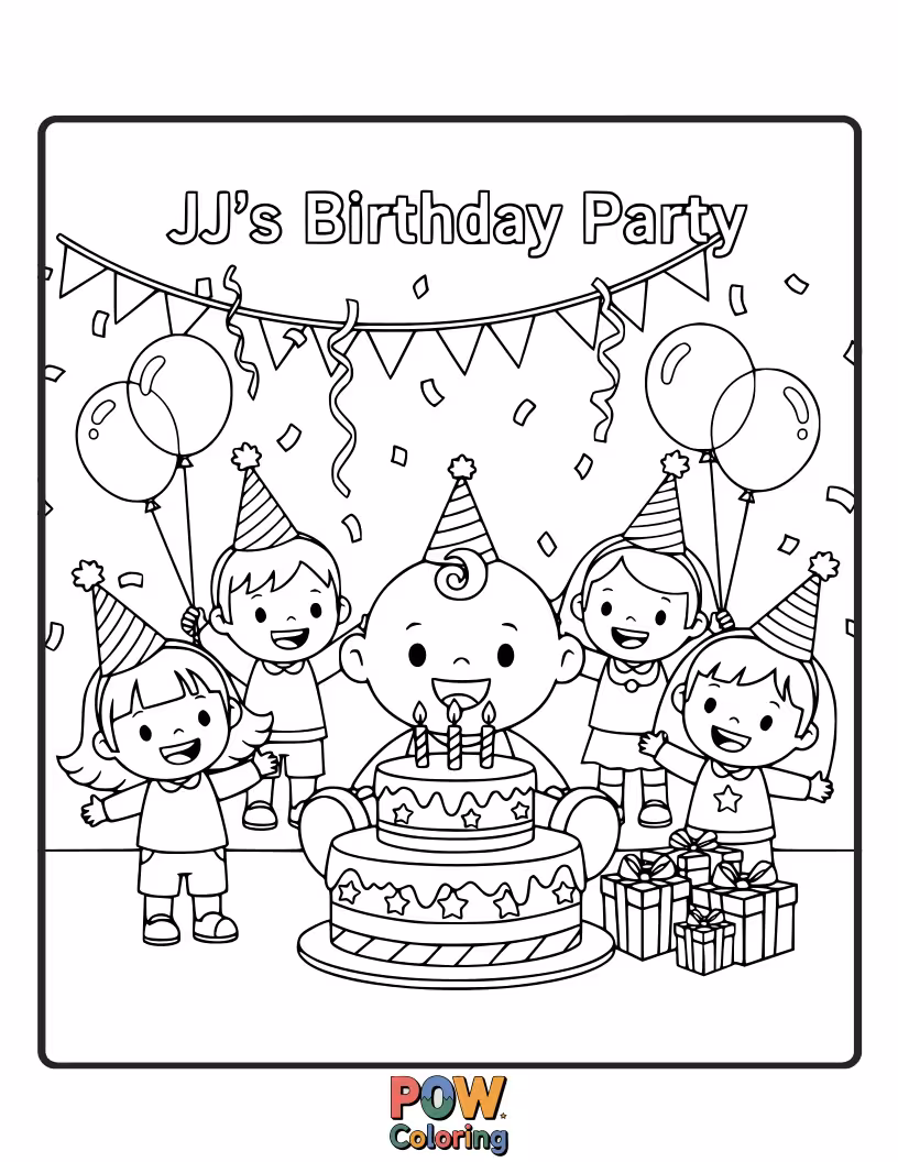 Free coloring page of Happy Birthday, JJ! Color the balloons, cake, and presents as JJ celebrates his special day.