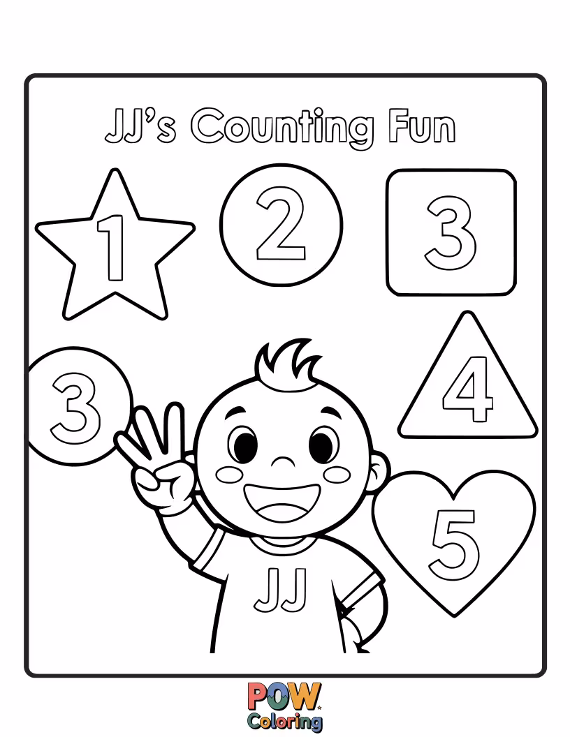 Free coloring page of Let's count with JJ! Color the numbers as he learns about counting with his favorite toys.