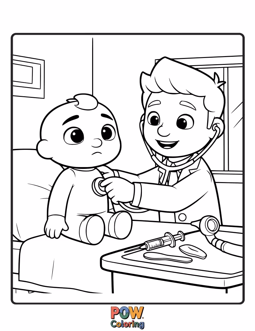 Free coloring page of JJ is a brave little patient. Color his doctor's bag, stethoscope, and JJ getting a check-up.