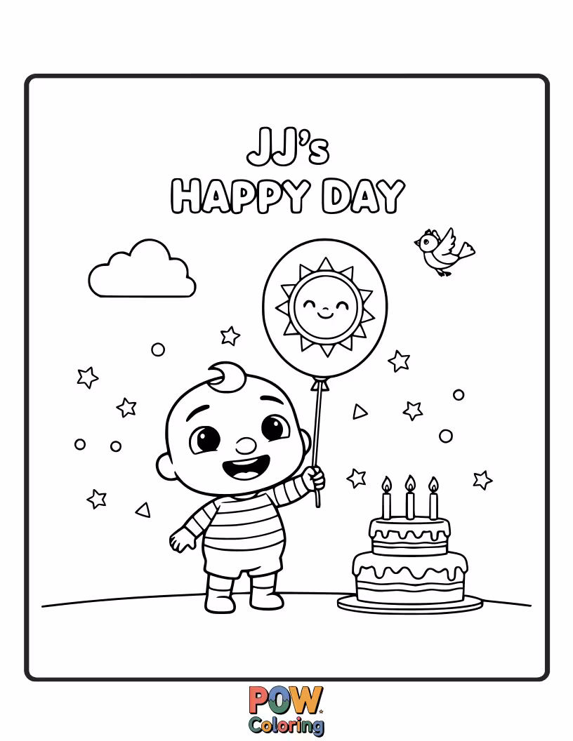 Free coloring page of Little JJ is smiling brightly, ready to play with his favorite toys. Color his cheerful mood and colorful surroundings.