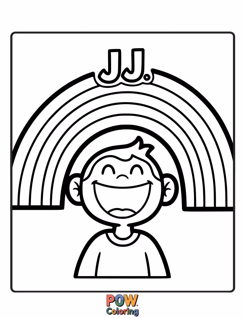 Free coloring page of JJ is happy and bright, just like a rainbow! Color the vibrant colors of the rainbow behind JJ.