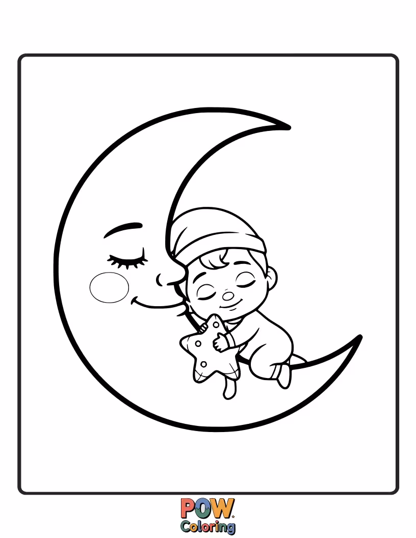 Free coloring page of JJ is ready for bed. Color the soft moon and stars as he drifts off to sleep in his cozy crib.