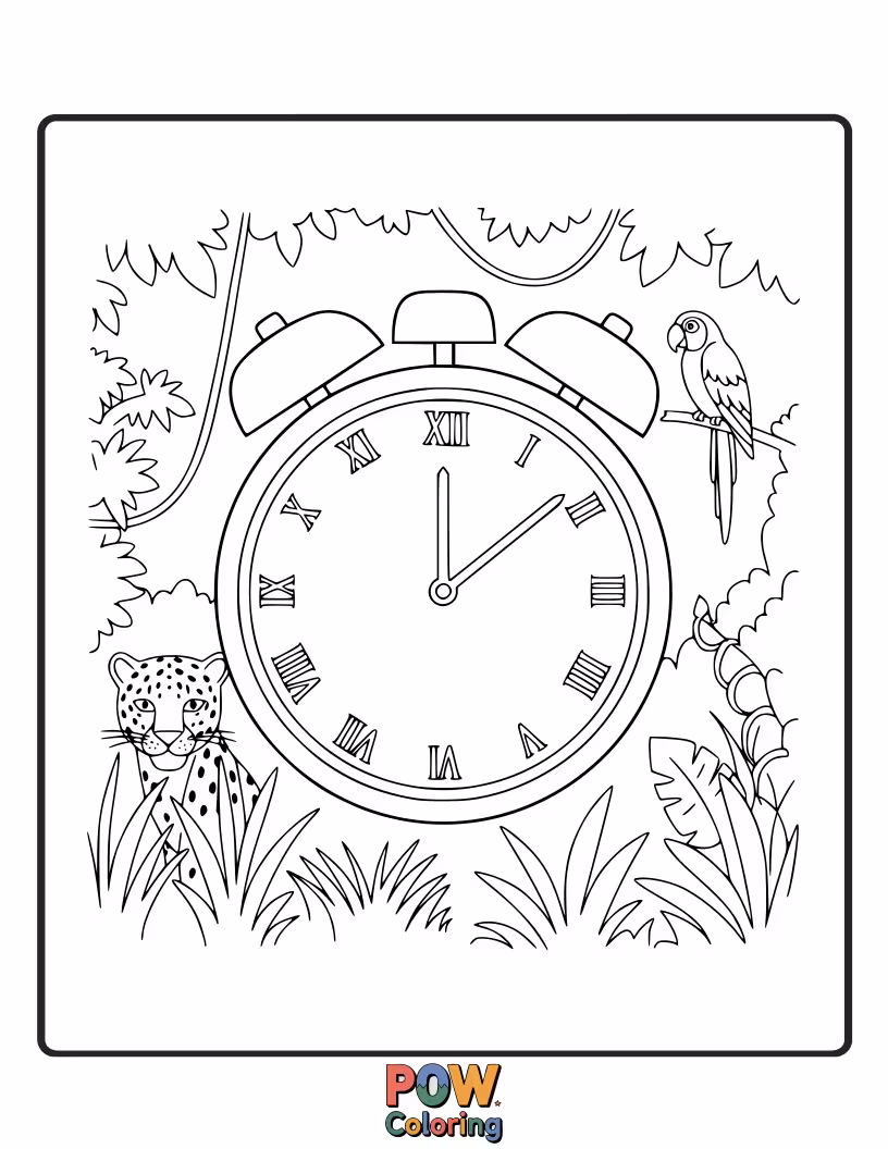 Free coloring page of A vibrant clock featuring jungle animals like monkeys, lions, and parrots near the hour markers.