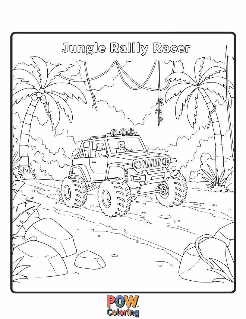 Free coloring page of A rugged off-road race car navigating through a dense jungle, with muddy tires and determined spirit.