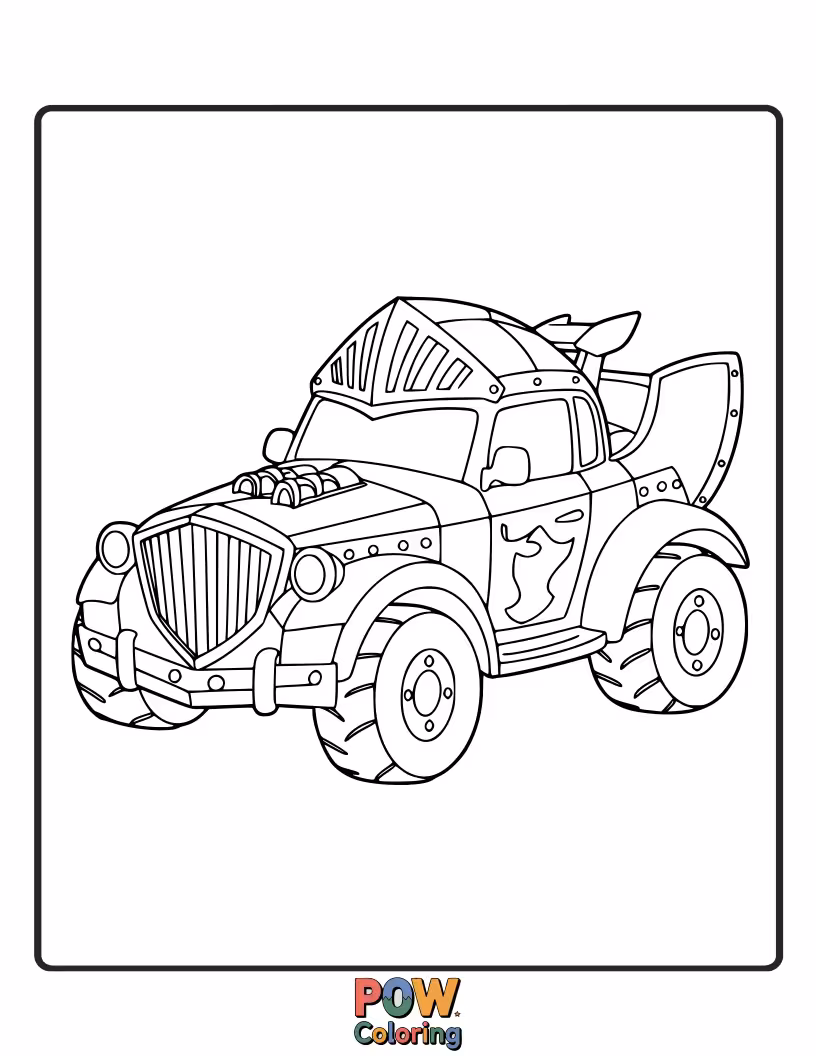 Free coloring page of A race car inspired by medieval knights, complete with shields and armor, ready for battle.