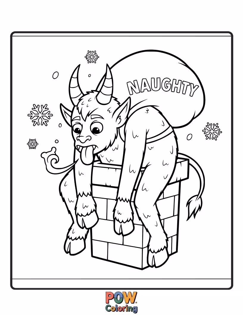 Free coloring page of A shadowy Krampus peeks down a chimney, his horns silhouetted against the fireplace.