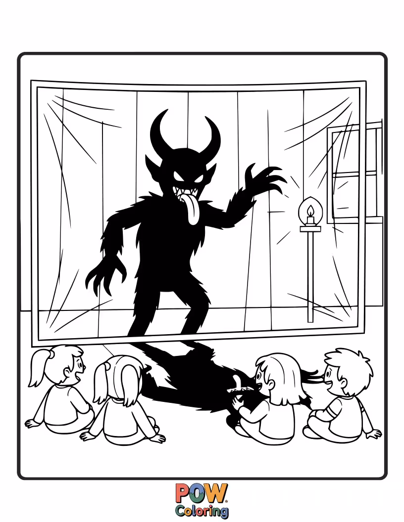 Free coloring page of The silhouette of Krampus looms large against a backdrop of twinkling stars and a crescent moon.