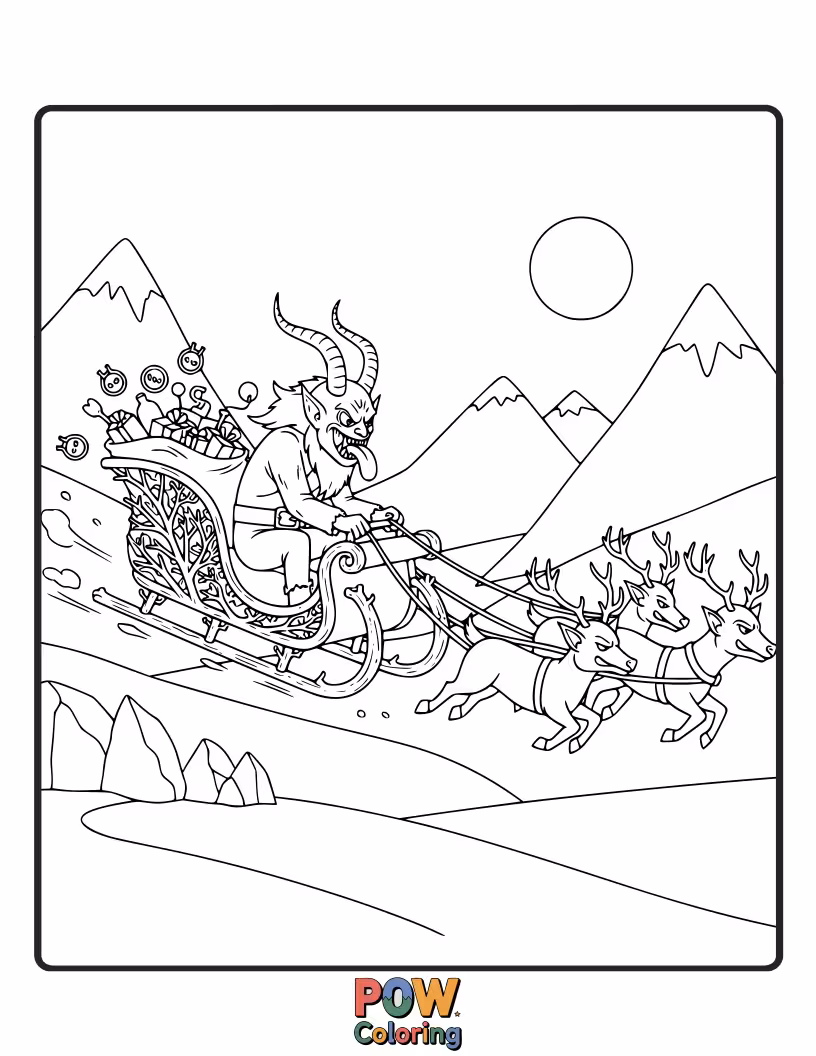 Free coloring page of Krampus pulls a sleigh filled with toys and a few "naughty" lumps of coal through a snowy forest.