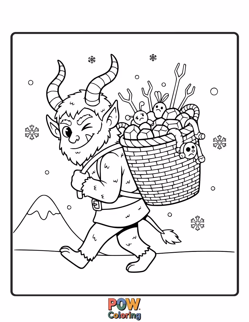 Free coloring page of Krampus carries a large, rustic basket, perhaps filled with presents or switches for children.