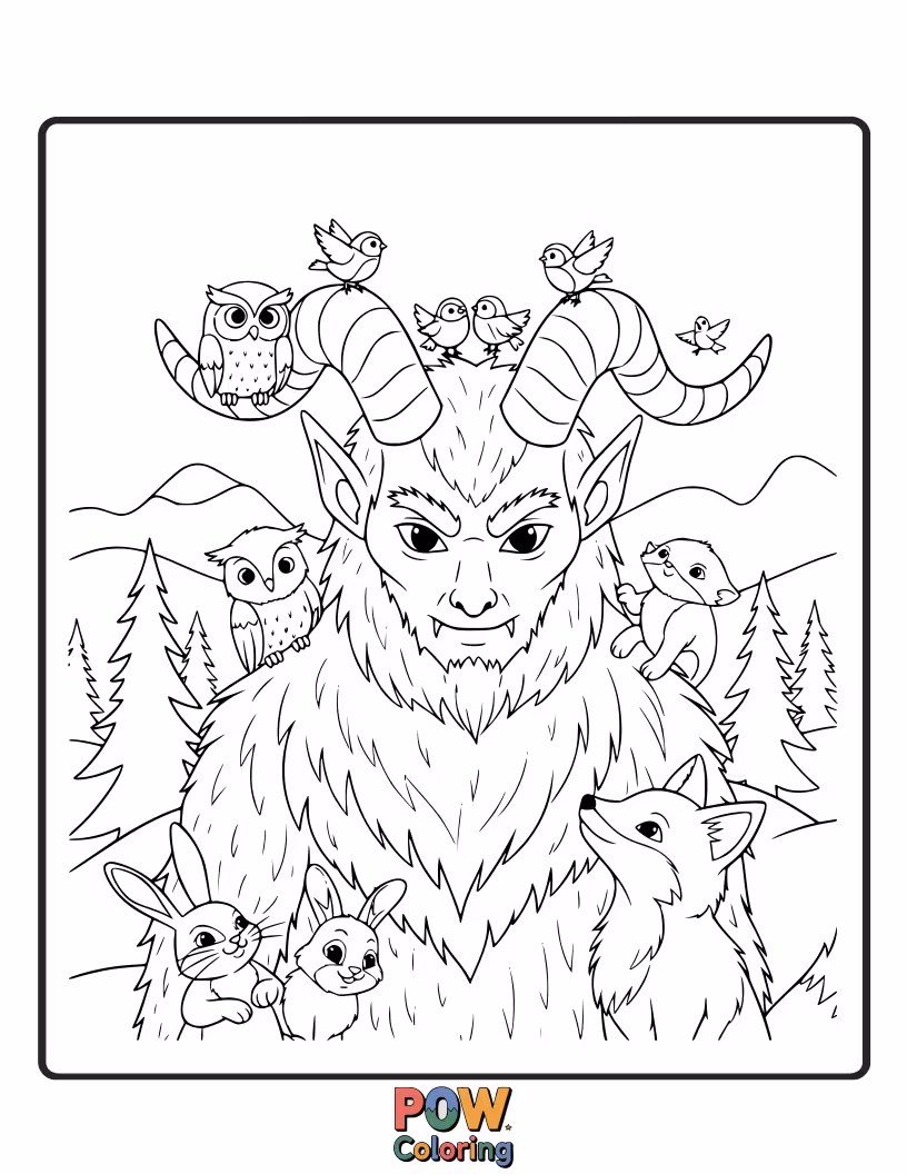 Free coloring page of Krampus walks through a snowy forest, with small, curious woodland animals peeking out at him.