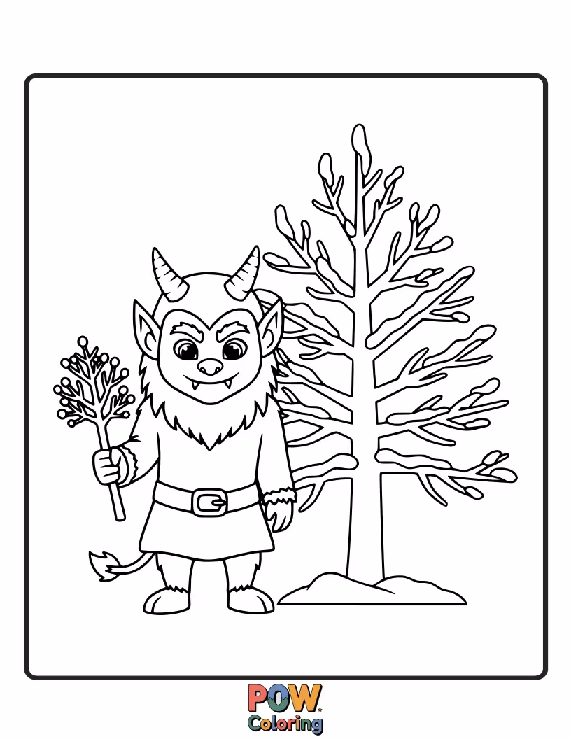 Free coloring page of Krampus stands beside a bare, snow-dusted winter tree, its branches reaching towards the sky.