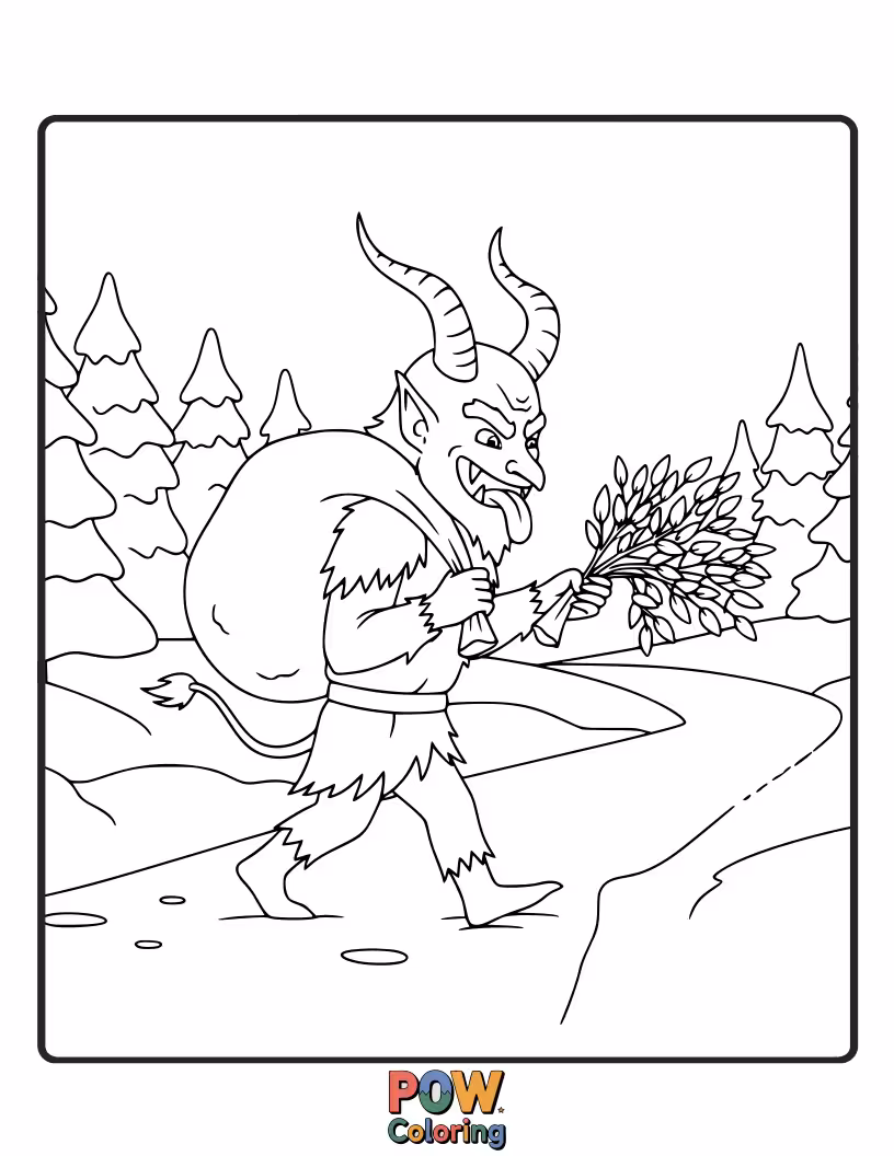 Free coloring page of Krampus walks along a winding snowy path, his hooves leaving prints in the fresh snow.