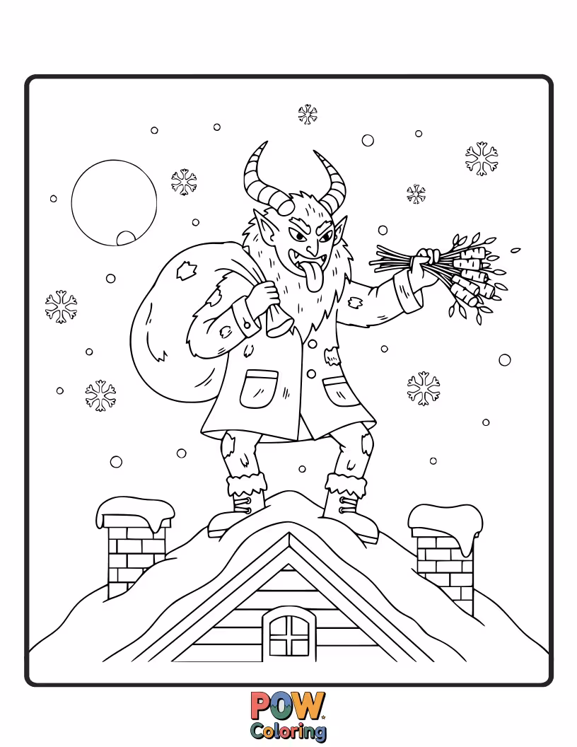 Free coloring page of Krampus is perched on a snowy rooftop, ready to descend into the chimneys below.