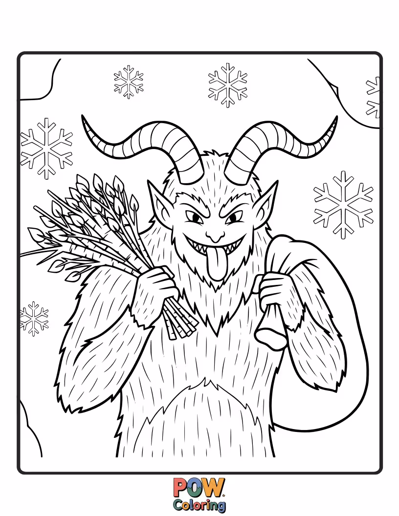 Free coloring page of This design highlights the shaggy, furry texture of Krampus's coat, perfect for textured coloring.