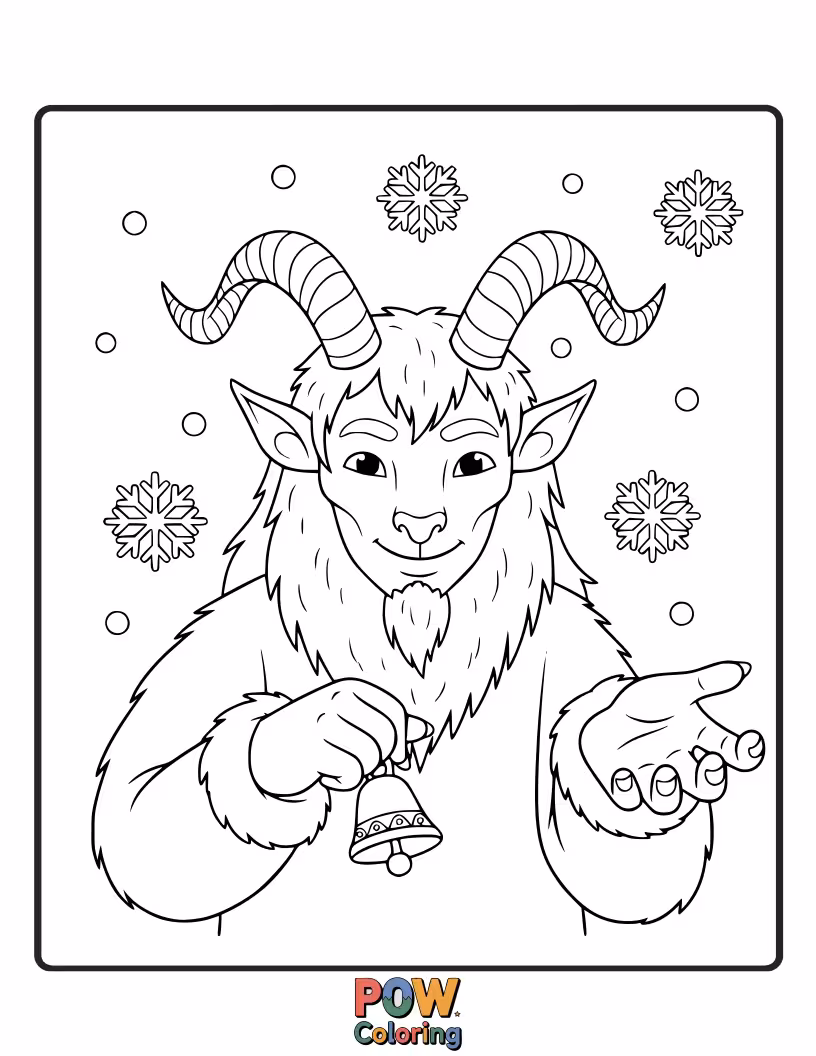 Free coloring page of Focus on the intricate details of Krampus's menacing goat horns, a central feature of his appearance.
