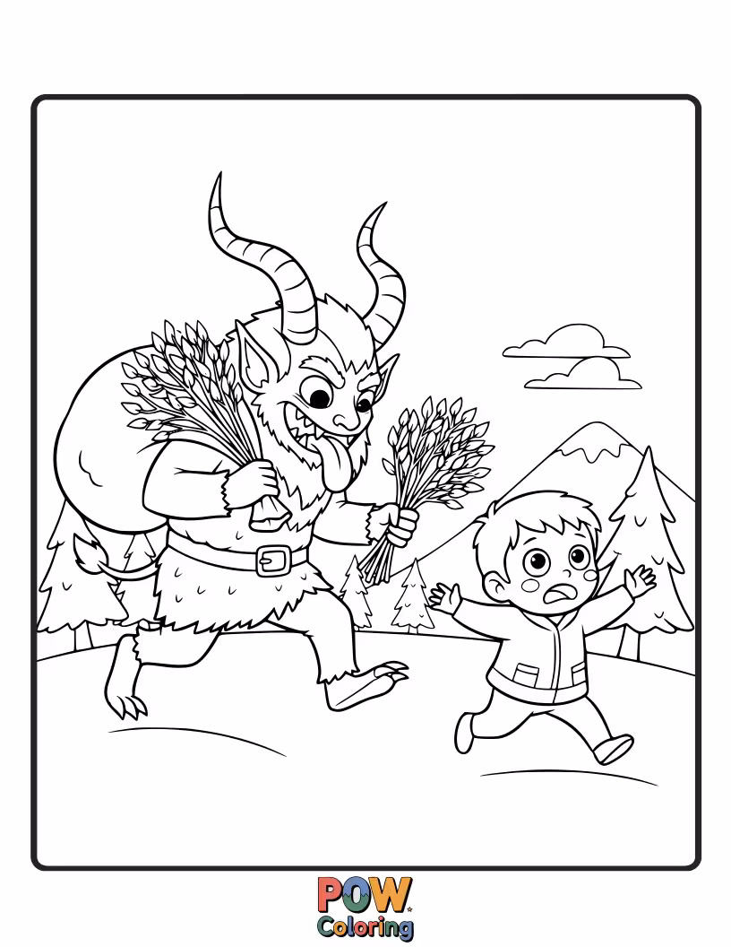 Free coloring page of A non-threatening scene of Krampus playfully towering over a small, wide-eyed child.