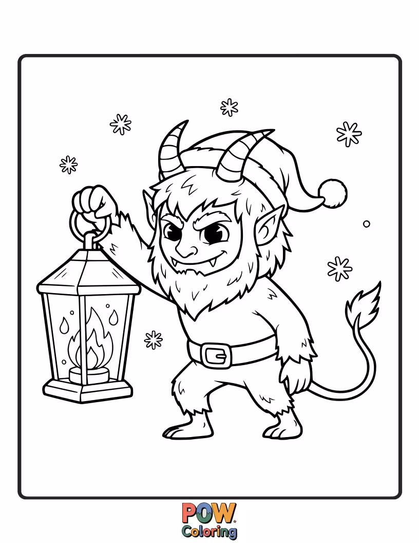Free coloring page of Krampus carries a flickering lantern, illuminating his path through the dark, winter night.
