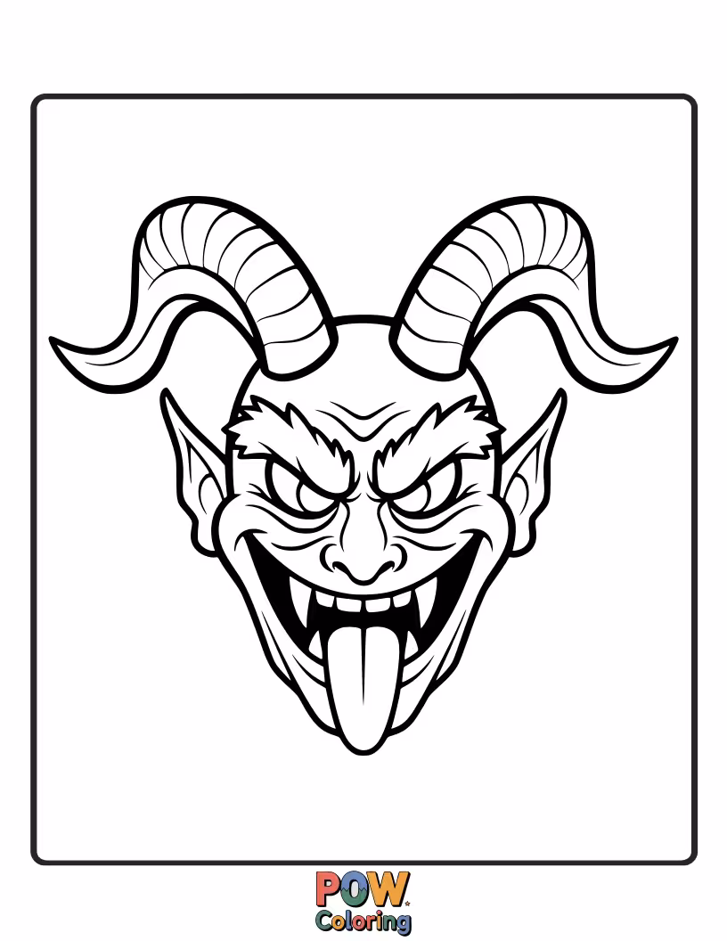 Free coloring page of A close-up portrait of Krampus's fearsome face, showcasing his sharp teeth and piercing eyes.