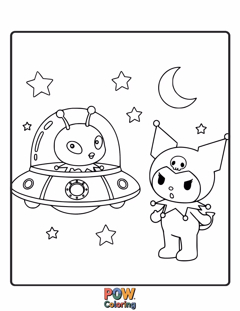 Free coloring page of Kuromi waves enthusiastically at a friendly, three-eyed alien who has landed in her garden.