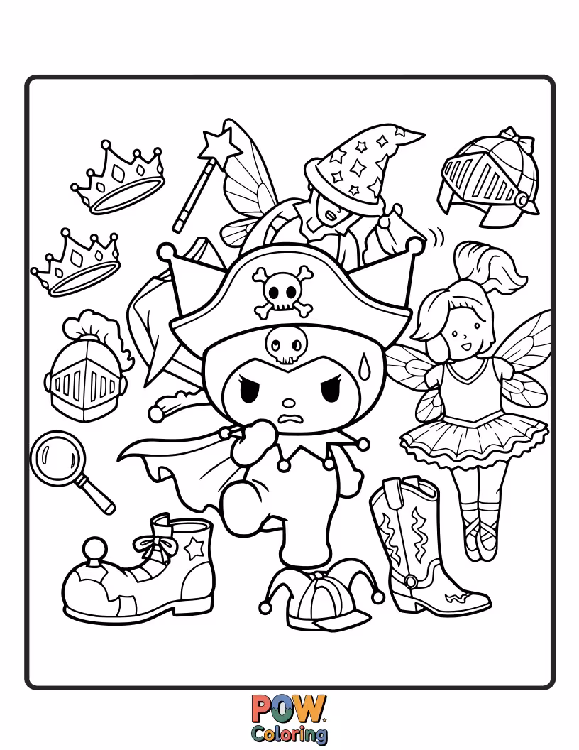 Free coloring page of Kuromi dons a ridiculous outfit made of mismatched socks and vegetable scraps, looking quite proud.