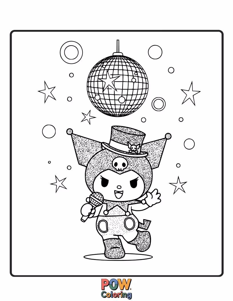 Free coloring page of Kuromi dances ecstatically under a giant, sparkling disco ball, surrounded by tiny musical notes.