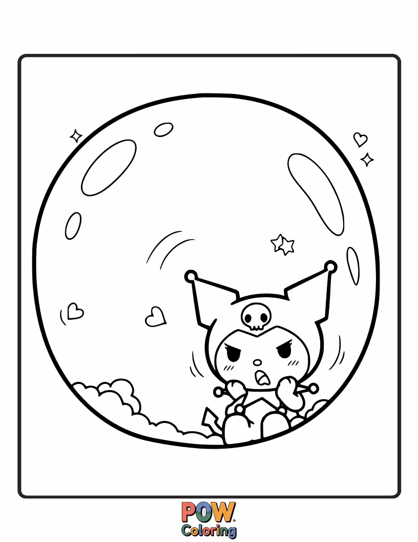 Free coloring page of Kuromi is trapped inside an enormous, iridescent bubble that's drifting precariously towards a fluffy cloud.