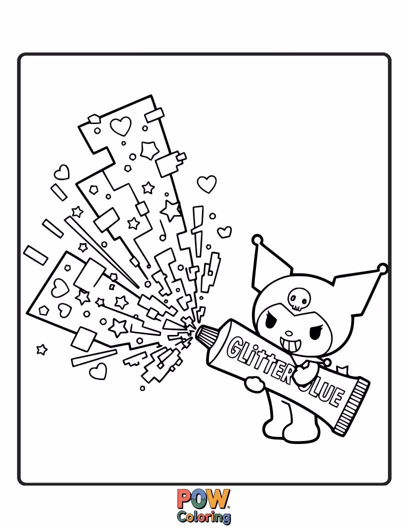 Free coloring page of Kuromi gets covered head-to-toe in sticky glitter glue, looking like a sparkly, happy mess.