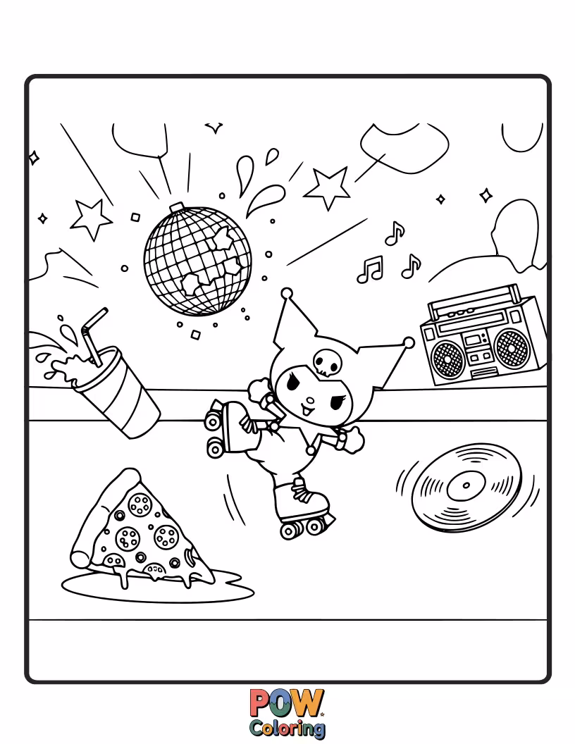 Free coloring page of Kuromi attempts a spectacular roller disco move but ends up tangled in her own ribbons, spinning wildly.