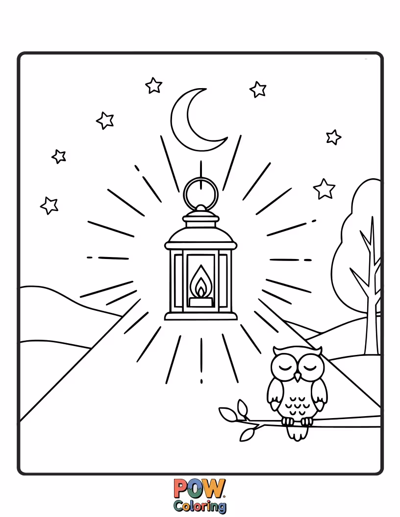 Free coloring page of A camping lantern casting a warm glow on a picnic table. Learn about portable light sources for the dark.