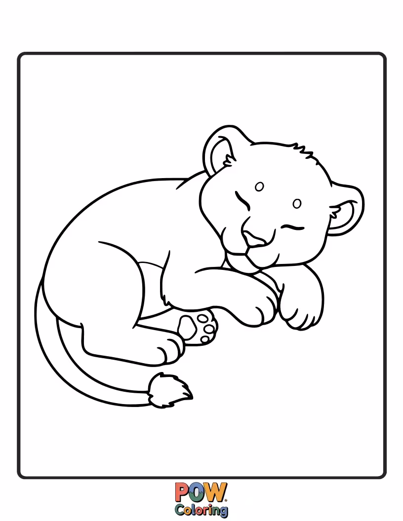 Free coloring page of An utterly peaceful lion cub curled up and fast asleep.