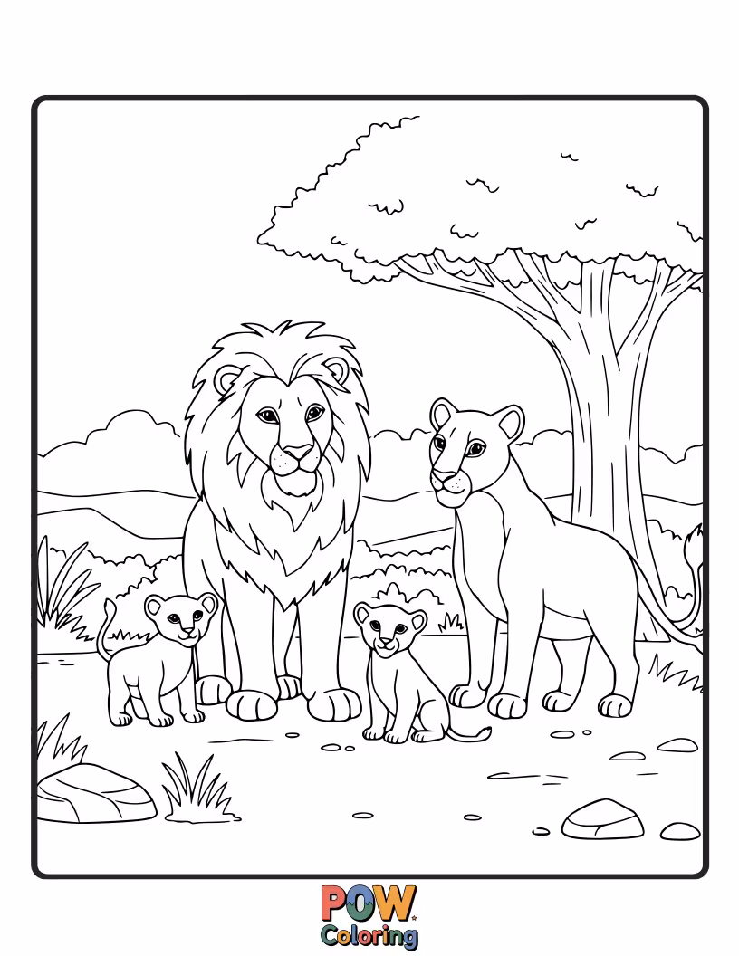 Free coloring page of A gentle lioness and cubs resting together, a heartwarming family portrait.