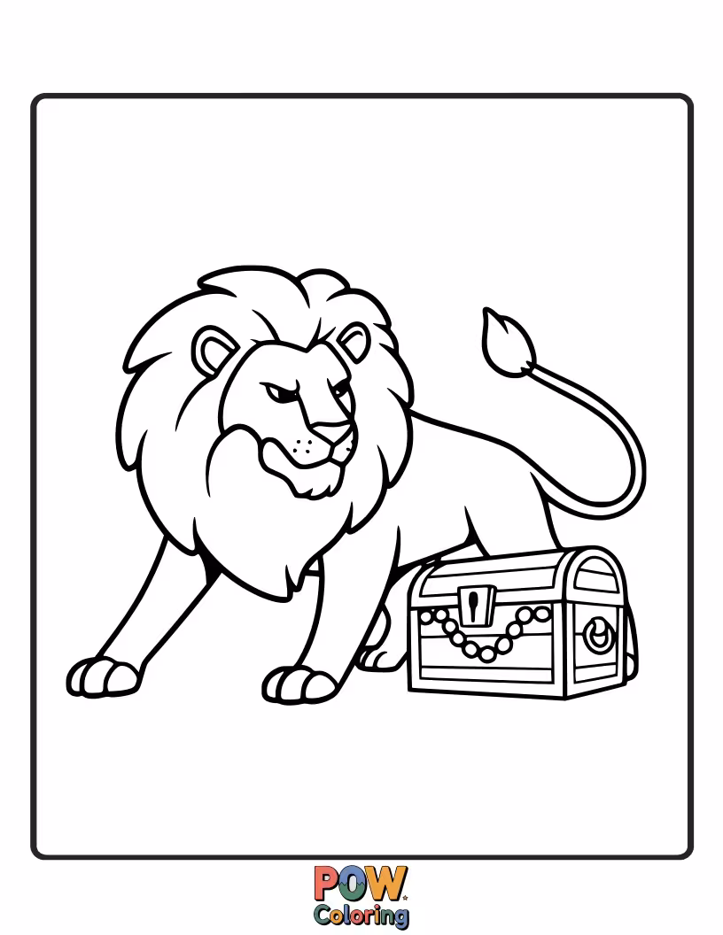 Free coloring page of A lion majestically guarding a pile of glittering treasure.