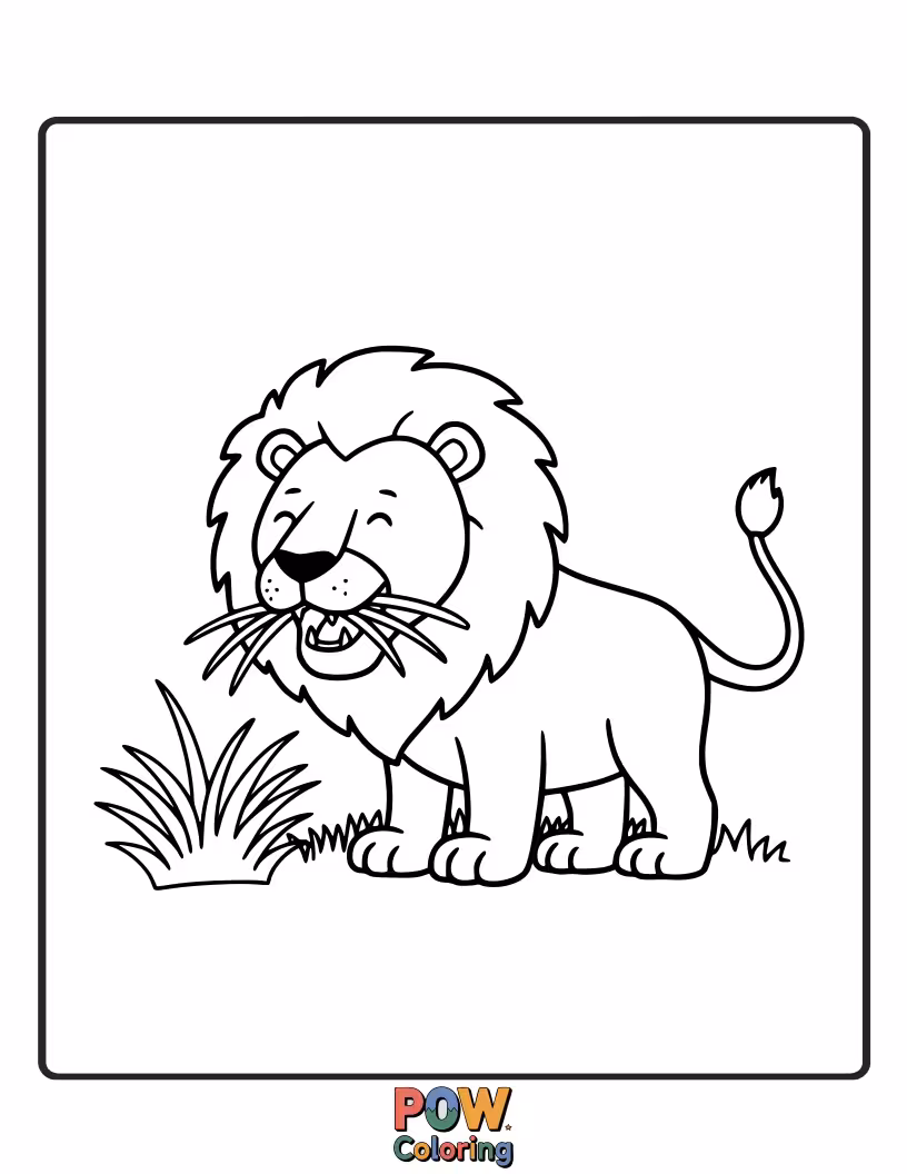 Free coloring page of A lion peacefully grazing on grass, showing a calmer side of the creature.