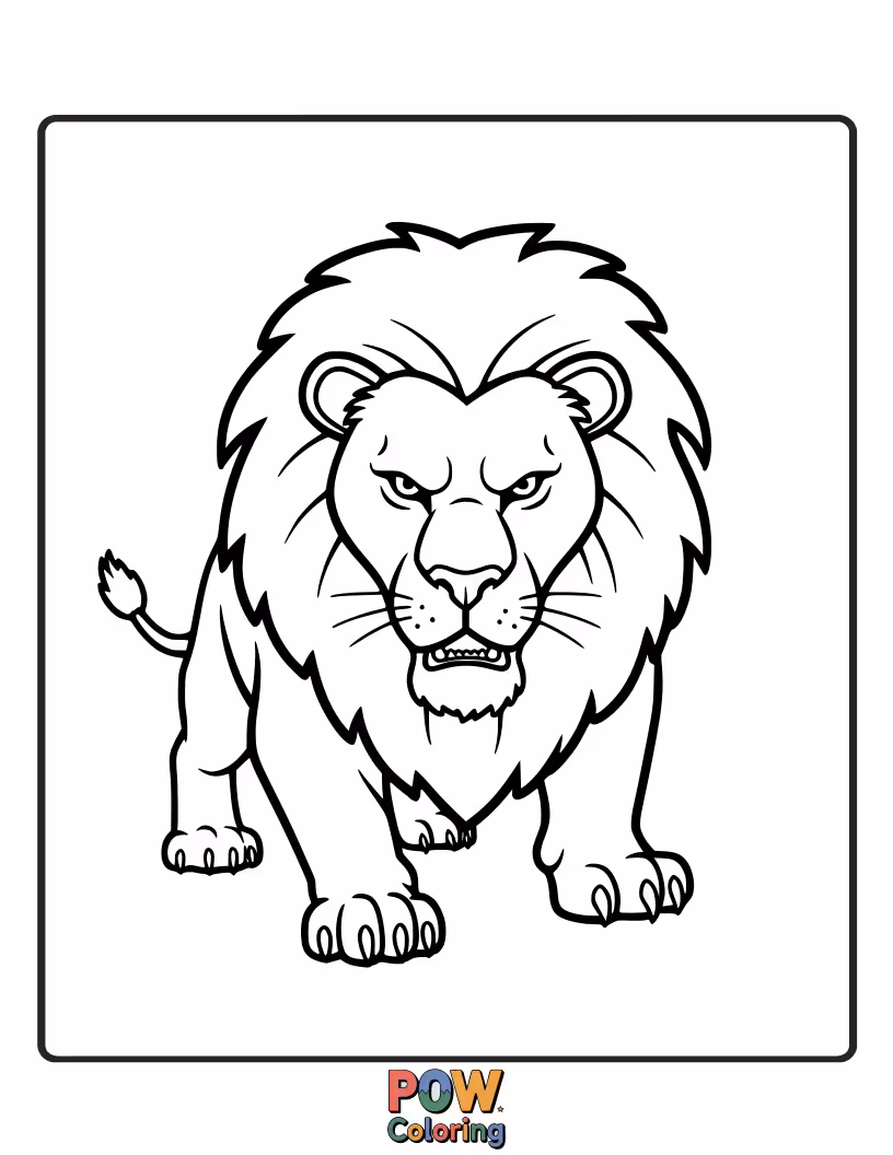 Free coloring page of A lion with intense eyes, looking directly ahead with a powerful gaze.