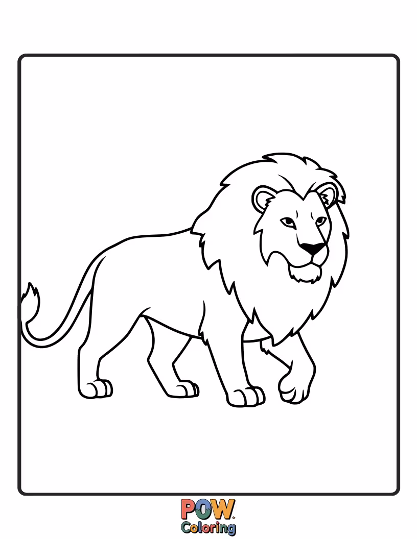 Free coloring page of A lion striding with dignity and an air of royalty.