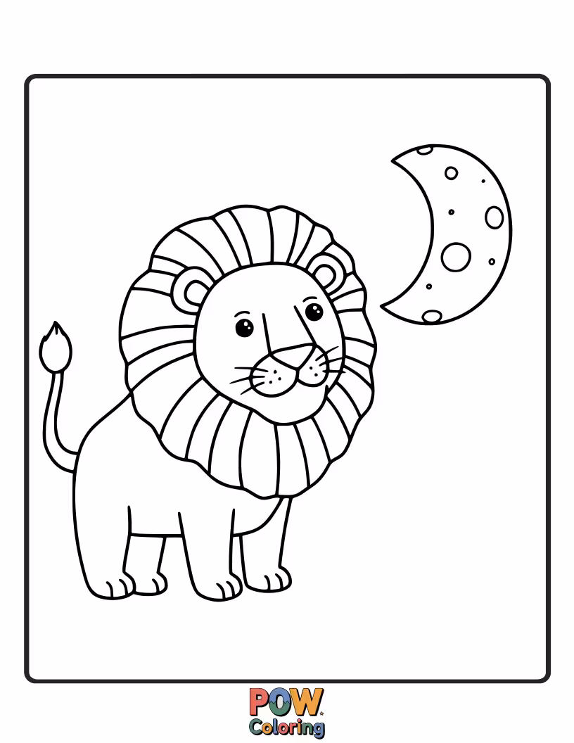 Free coloring page of A solitary lion silhouetted against a large, radiant moon.