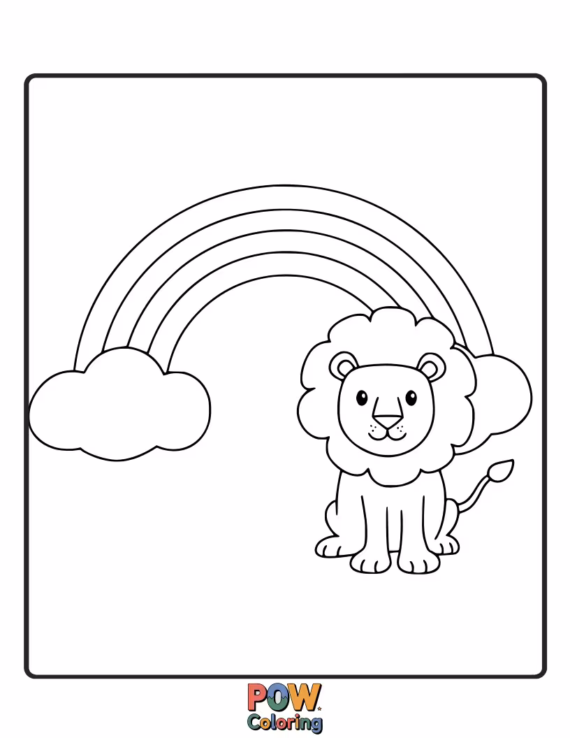 Free coloring page of A happy lion standing beneath a vibrant, colorful rainbow.