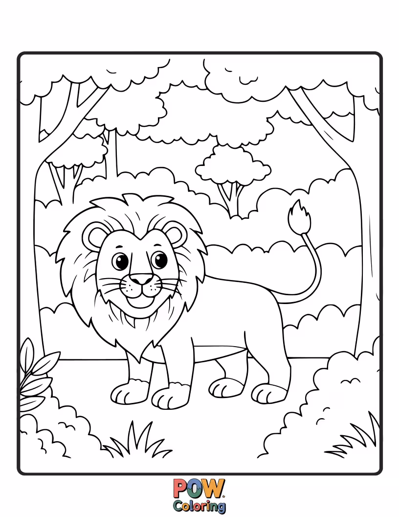 Free coloring page of A lion moving through a serene forest environment with trees and leaves.