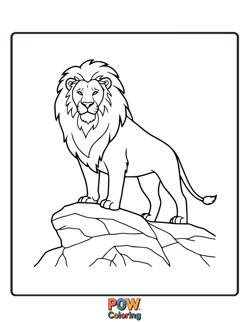 Free coloring page of A lion perched regally atop a large rock formation.