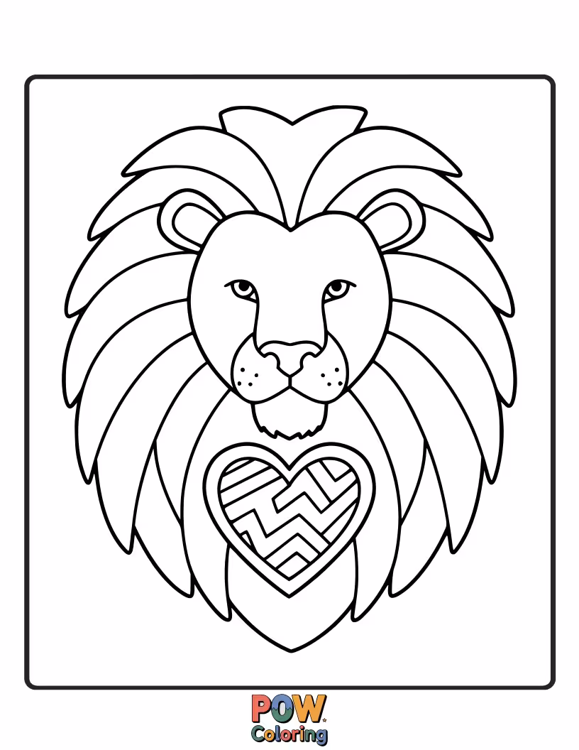Free coloring page of A lion with a heart symbol integrated into its design, representing bravery.