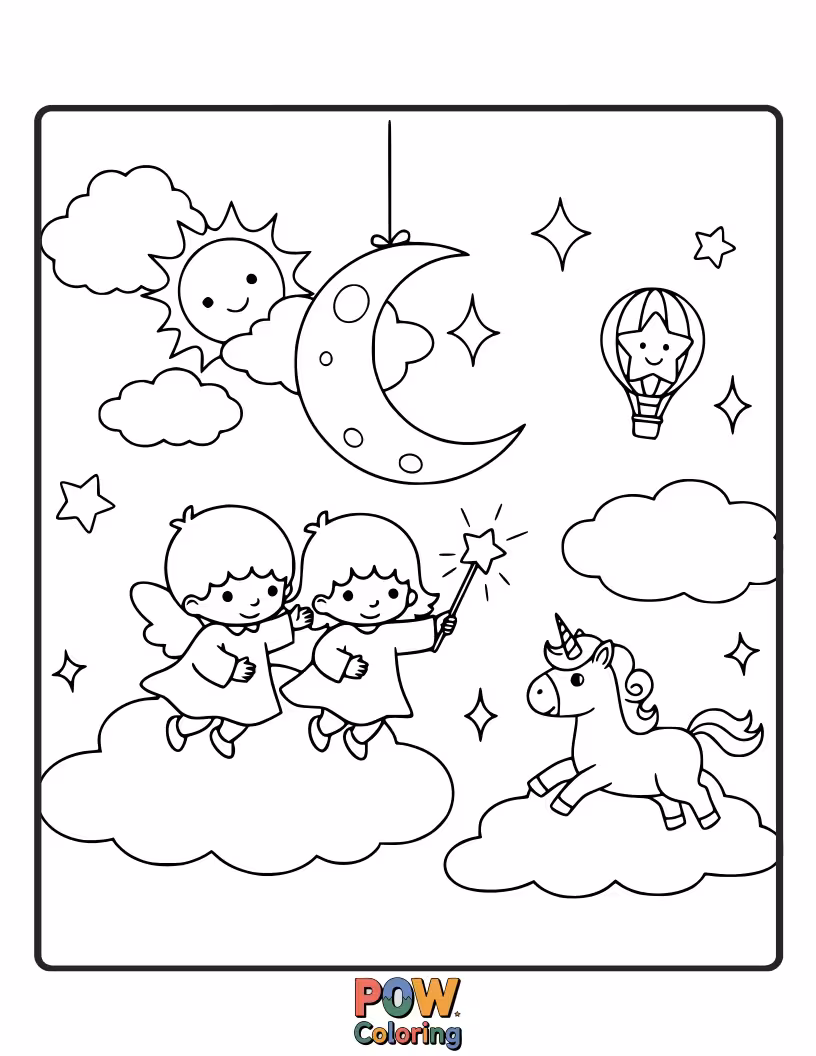Free coloring page of Kiki and Lala creating magical dreams in a starry night sky.