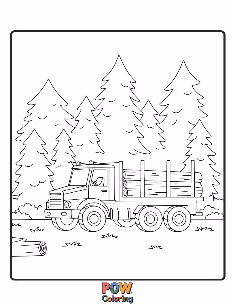 Free coloring page of This powerful logging truck carries timber, inviting earthy greens and browns for a forest adventure theme.