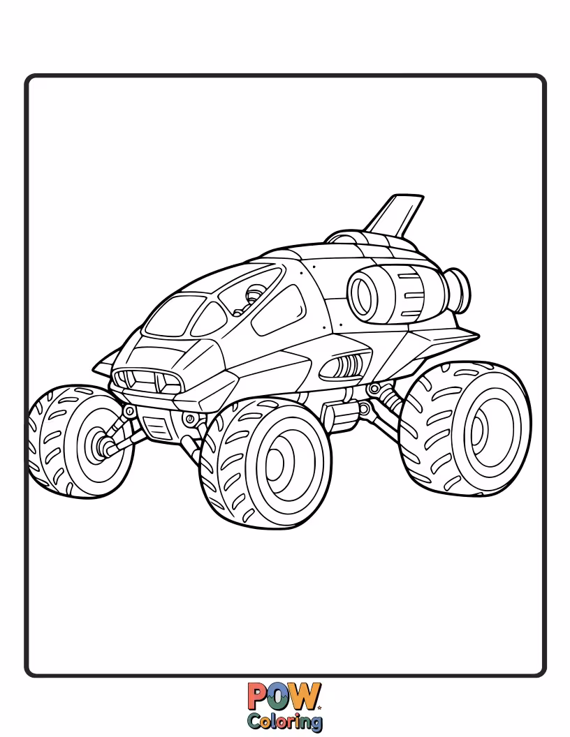Free coloring page of A race car designed like a lunar module, exploring the craters and surface of the moon.