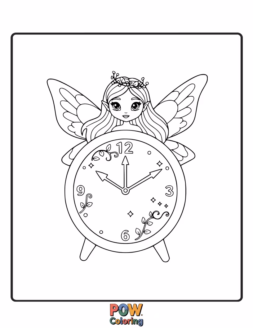 Free coloring page of An enchanting clock adorned with twinkling stars, delicate wings, and maybe a little fairy character.