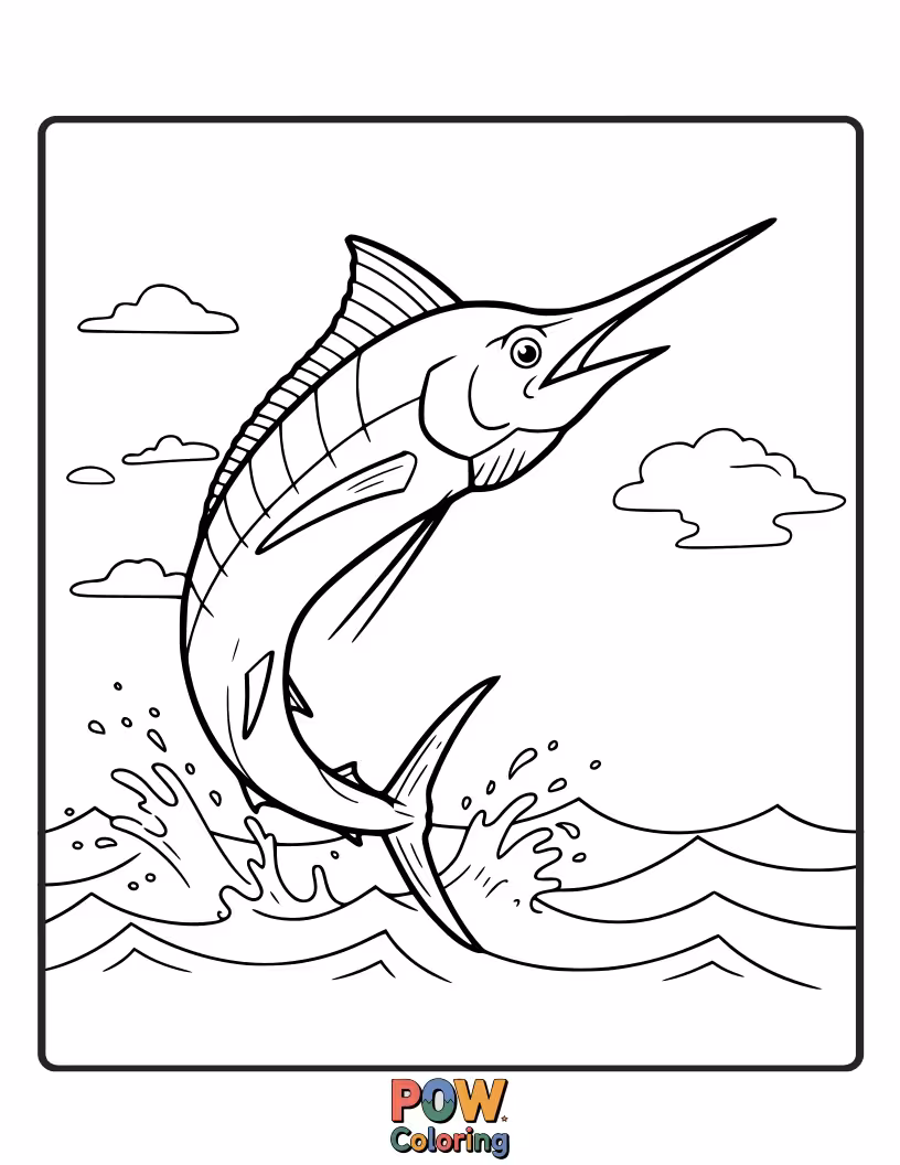Free coloring page of A streamlined marlin with its distinctive bill, offering a sleek outline for energetic coloring.