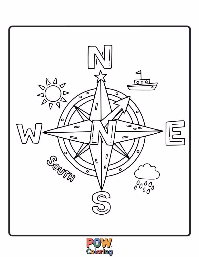 Free coloring page of A compass next to a map. Learn how a compass helps you find your way.