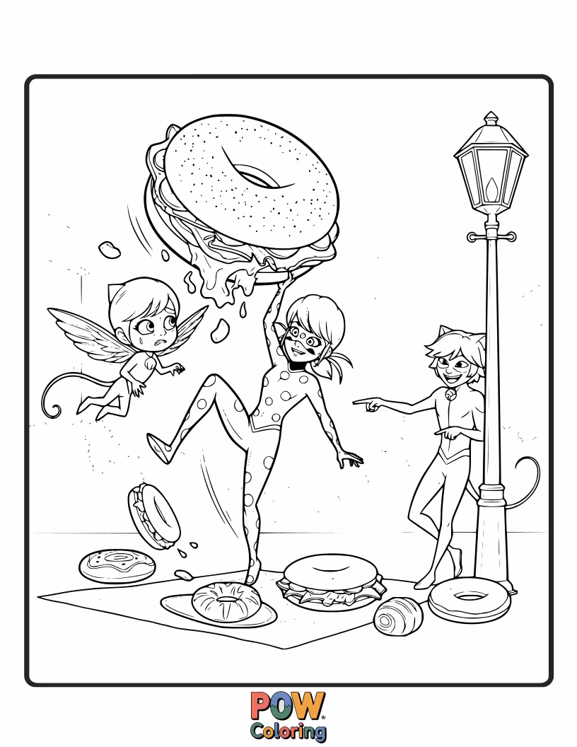 Free coloring page of Ladybug is trying to tie someone up with a giant, runaway bagel.