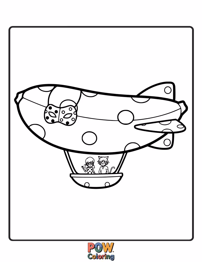 Free coloring page of Adrien is floating away in a blimp shaped like a giant banana.